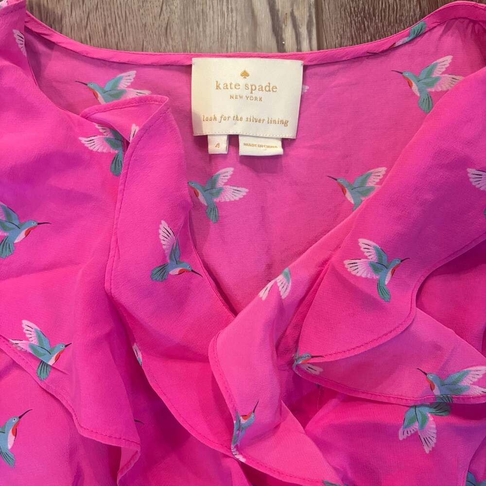 Kate Spade Silk Hummingbird Ruffle Dress Pink Womens 4 - Picture 2 of 7